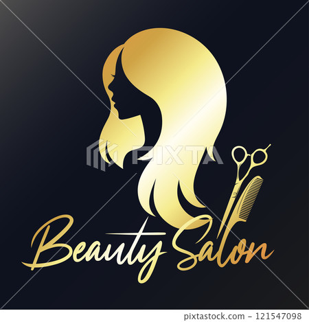 Silhouette of a girl with hairstyle, scissors and comb symbol Silhouette of a girl with hairstyle, scissors and comb symbol 121547098