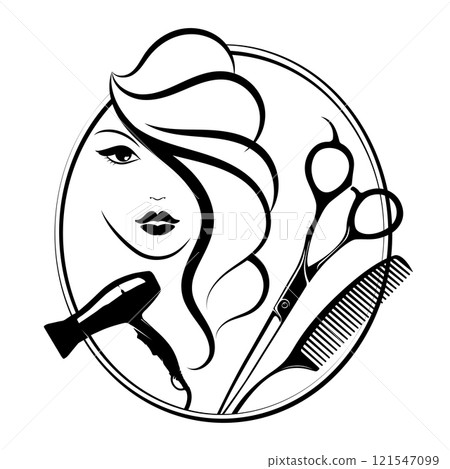 Stylist scissors and beautiful girl face, design for beauty salon Stylist scissors and beautiful girl face, design for beauty salon 121547099