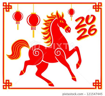 2026. Chinese Year of the Horse. Red fiery horse and chinese lantern in frame 2026. Chinese Year of the Horse. Red fiery horse and chinese lantern in frame 121547445