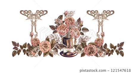 Horizontal composition with botanical roses, vignettes, heart symbol, in a pink-brown palette. Vintage watercolor clipart for frame, border for wedding, Valentine's Day, women's card, scrapbook 121547618
