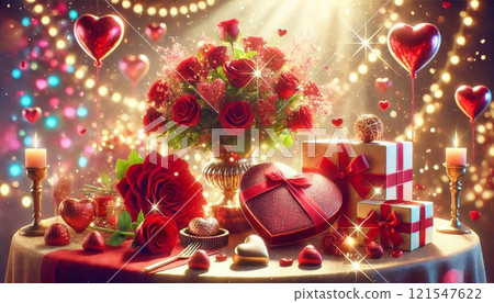 桌子上擺滿了情人節禮物和巧克力 121547622