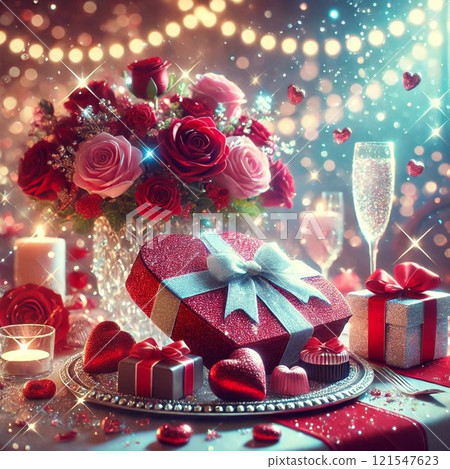 A table lined with gifts and chocolates for Valentine's Day 121547623