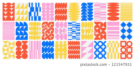 Mosaic collage background with set of naive geometric shapes, decorative elements seamless pattern 121547931