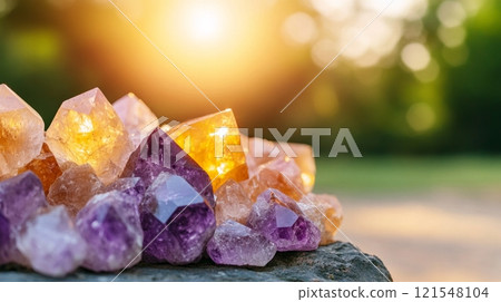 A composition of bright purple amethysts and warm orange citrine crystals 121548104