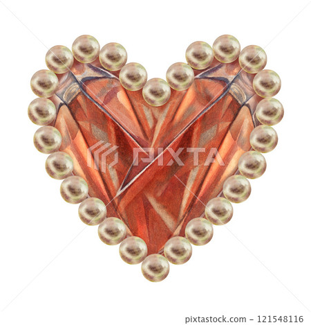 Watercolor brown crystal in the shape of a heart in a pearl frame, in pink brown, in a mocha mousse palette. Template illustration for wedding, Valentine's Day greeting, women's card, postcard 121548116