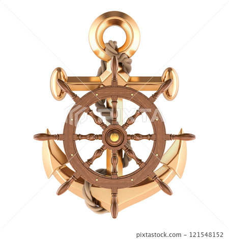 Anchor with Steering wheel ship, 3D rendering Anchor with Steering wheel ship, 3D rendering 121548152