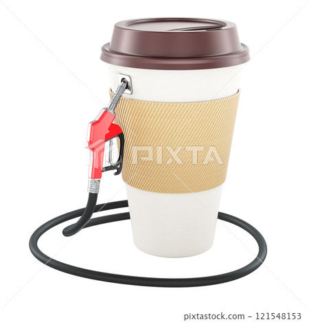 Disposable cup of coffee with fuel pump nozzle, 3D rendering Disposable cup of coffee with fuel pump nozzle, 3D rendering 121548153