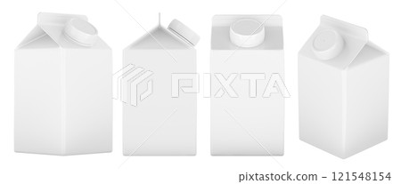 Drink Carton Packaging, container box with plastic cap, different views and angles. 3D rendering 121548154