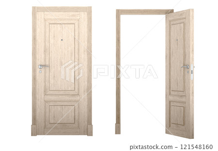 Open and closed wooden doors with doorframe. 3D rendering 121548160