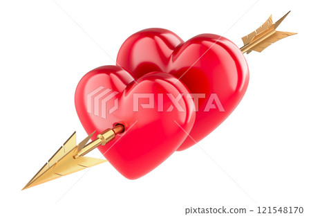 Two Red Hearts pierced together by arrow. 3D rendering 121548170