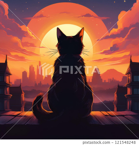 Cat watching the sunset - AI-generated image 121548248