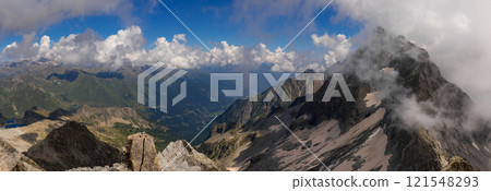 Panoramic Alpine View with Majestic Peaks and Cloud Cover 121548293