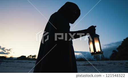 Old Man With Tabarro And Lantern At The Beach Old Man With Tabarro And Lantern At The Beach 121548322
