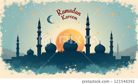 Ramadan Kareem Greeting with Mosque in Moonlit Night Ramadan Kareem Greeting with Mosque in Moonlit Night 121548392