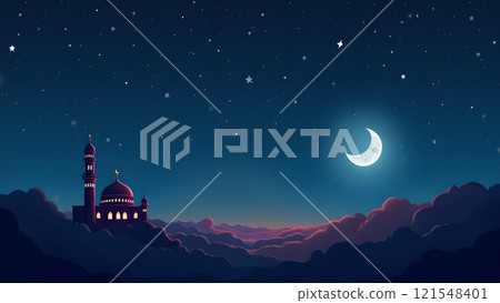 Ramadan Kareem Greeting with Mosque in Moonlit Night Ramadan Kareem Greeting with Mosque in Moonlit Night 121548401