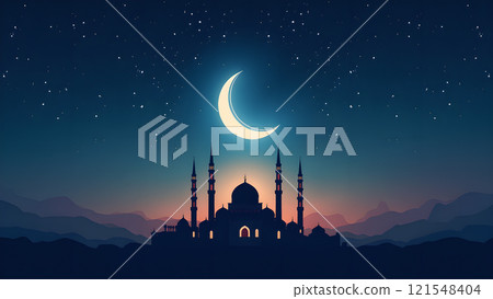 Ramadan Kareem Greeting with Mosque in Moonlit Night 121548404