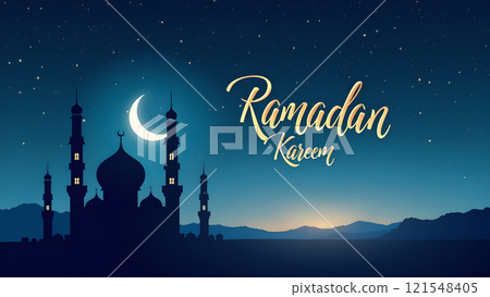 Ramadan Kareem Greeting with Mosque in Moonlit Night Ramadan Kareem Greeting with Mosque in Moonlit Night 121548405