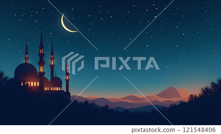 Ramadan Kareem Greeting with Mosque in Moonlit Night Ramadan Kareem Greeting with Mosque in Moonlit Night 121548406