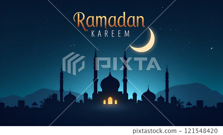 Ramadan Kareem Greeting with Mosque in Moonlit Night 121548420