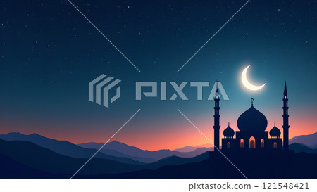 Ramadan Kareem Greeting with Mosque in Moonlit Night 121548421