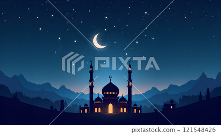 Ramadan Kareem Greeting with Mosque in Moonlit Night Ramadan Kareem Greeting with Mosque in Moonlit Night 121548426