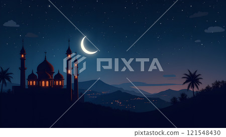 Ramadan Kareem Greeting with Mosque in Moonlit Night 121548430