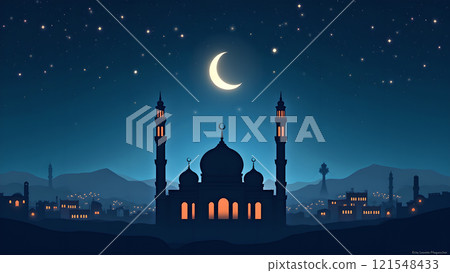 Ramadan Kareem Greeting with Mosque in Moonlit Night 121548433