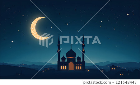 Ramadan Kareem Greeting with Mosque in Moonlit Night 121548445