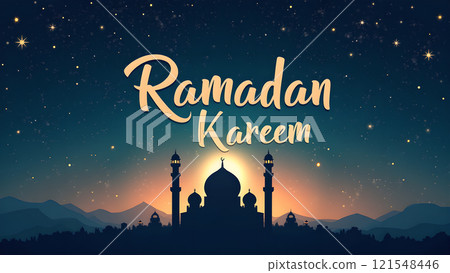 Ramadan Kareem Greeting with Mosque in Moonlit Night 121548446