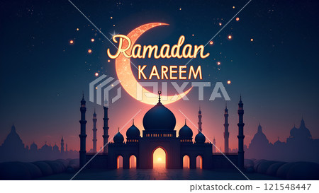 Ramadan Kareem Greeting with Mosque in Moonlit Night 121548447