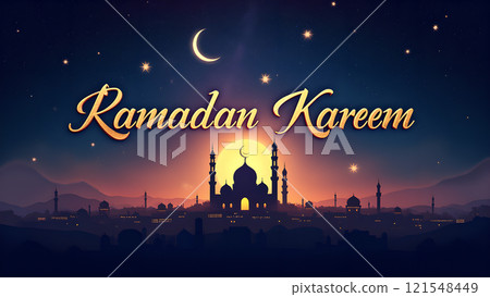 Ramadan Kareem Greeting with Mosque in Moonlit Night Ramadan Kareem Greeting with Mosque in Moonlit Night 121548449