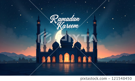 Ramadan Kareem Greeting with Mosque in Moonlit Night Ramadan Kareem Greeting with Mosque in Moonlit Night 121548450