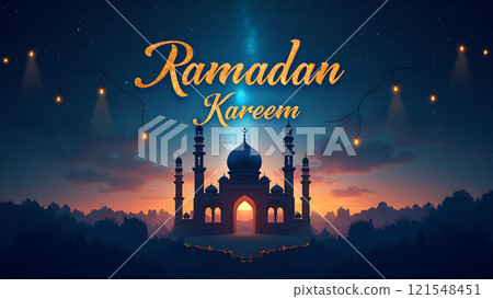 Ramadan Kareem Greeting with Mosque in Moonlit Night 121548451