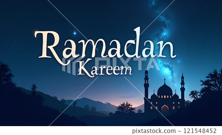 Ramadan Kareem Greeting with Mosque in Moonlit Night 121548452