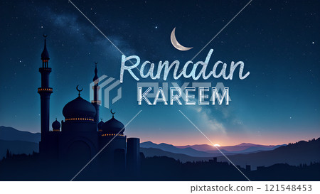 Ramadan Kareem Greeting with Mosque in Moonlit Night Ramadan Kareem Greeting with Mosque in Moonlit Night 121548453