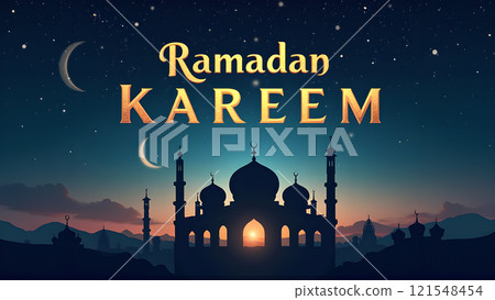 Ramadan Kareem Greeting with Mosque in Moonlit Night 121548454