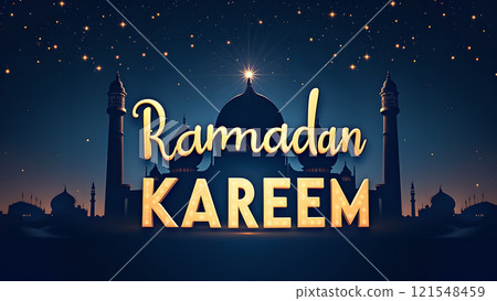 Ramadan Kareem Greeting with Mosque in Moonlit Night Ramadan Kareem Greeting with Mosque in Moonlit Night 121548459