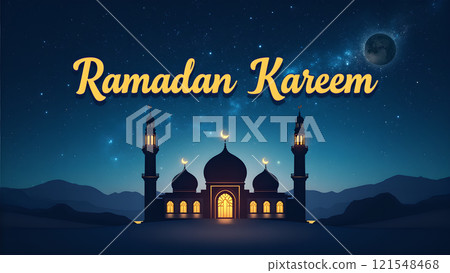 Ramadan Kareem Greeting with Mosque in Moonlit Night 121548468