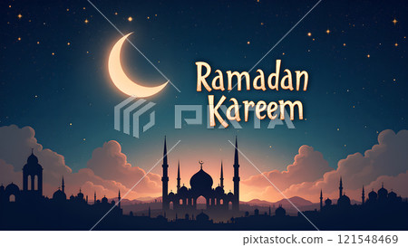 Ramadan Kareem Greeting with Mosque in Moonlit Night 121548469