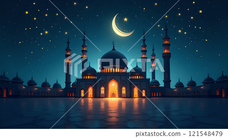 Ramadan Kareem Greeting with Mosque in Moonlit Night Ramadan Kareem Greeting with Mosque in Moonlit Night 121548479