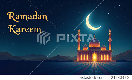 Ramadan Kareem Greeting with Mosque in Moonlit Night 121548480