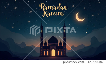 Ramadan Kareem Greeting with Mosque in Moonlit Night Ramadan Kareem Greeting with Mosque in Moonlit Night 121548482