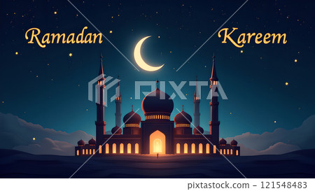 Ramadan Kareem Greeting with Mosque in Moonlit Night Ramadan Kareem Greeting with Mosque in Moonlit Night 121548483