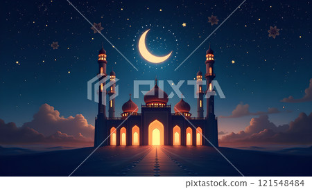 Ramadan Kareem Greeting with Mosque in Moonlit Night Ramadan Kareem Greeting with Mosque in Moonlit Night 121548484