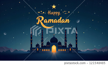 Ramadan Kareem Greeting with Mosque in Moonlit Night 121548485
