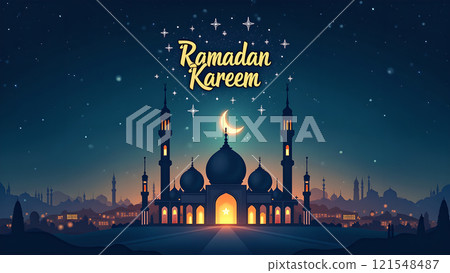 Ramadan Kareem Greeting with Mosque in Moonlit Night Ramadan Kareem Greeting with Mosque in Moonlit Night 121548487