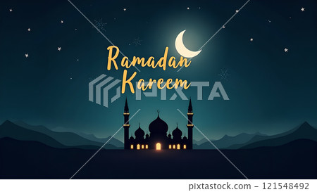 Ramadan Kareem Greeting with Mosque in Moonlit Night 121548492