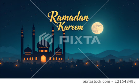 Ramadan Kareem Greeting with Mosque in Moonlit Night 121548493