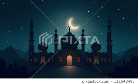 Ramadan Kareem Greeting with Mosque in Moonlit Night 121548495