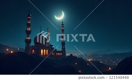 Ramadan Kareem Greeting with Mosque in Moonlit Night Ramadan Kareem Greeting with Mosque in Moonlit Night 121548498